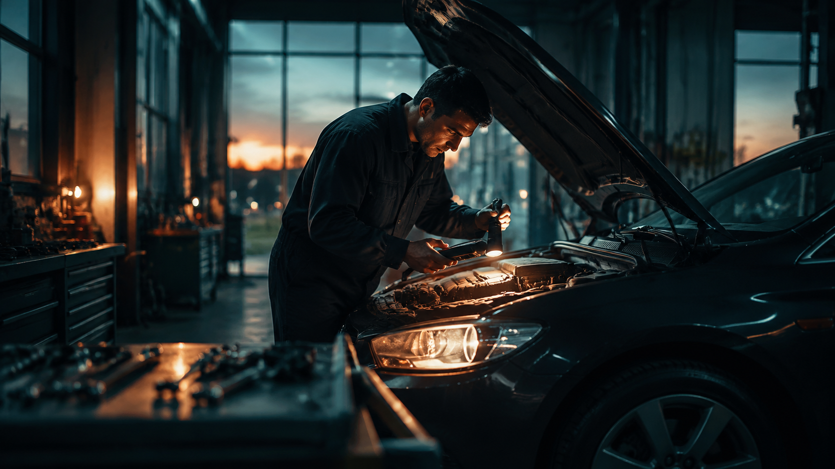 Technician inspecting a vehicle engine bay