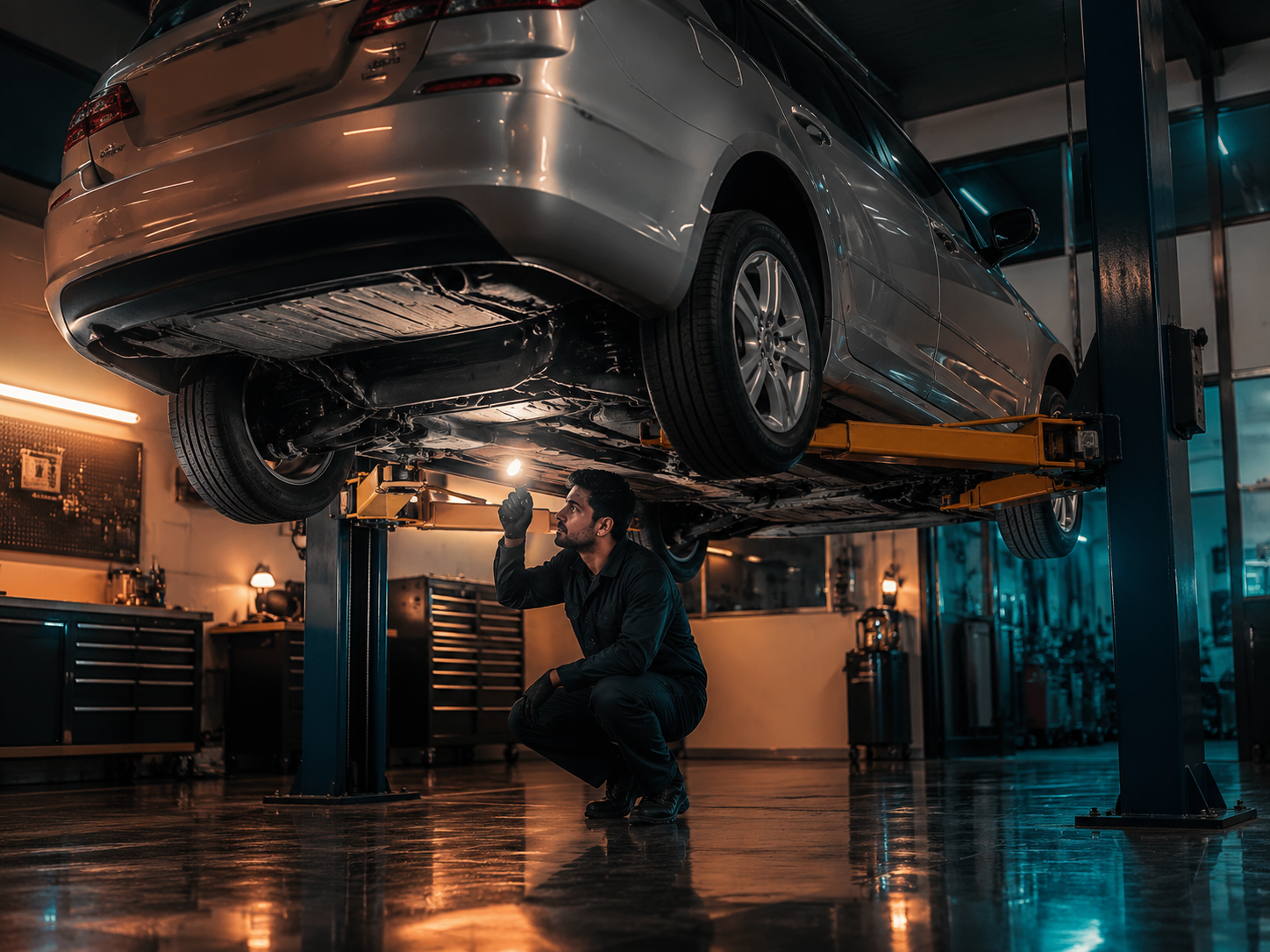 Technician inspecting a vehicle engine bay